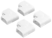 Sæt med fire hvide L-formede stik til Philips Hue lysstrips. Snap-on design for nem montering i hjørner. Hvert stik er kompakt og mærket med 'hue' logoet.