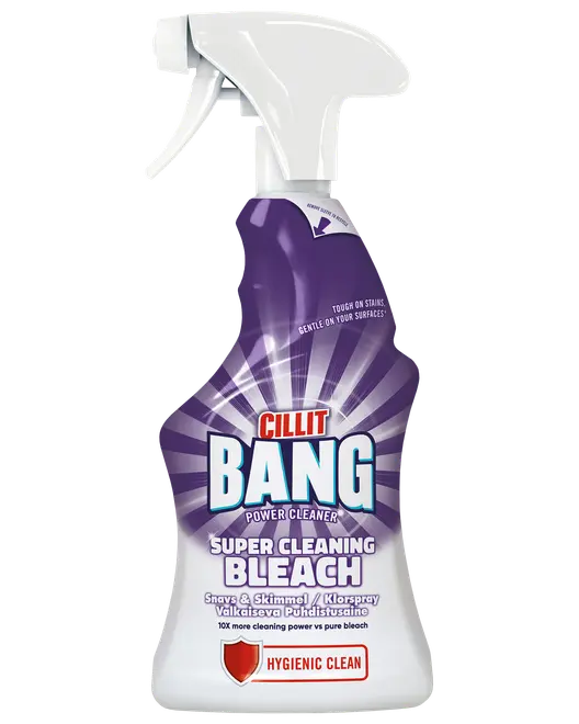 Cillit Bang Super Cleaning Bleach sprayflaska, lila och vit design, spraymunstycke, effektiv mot fläckar, ger hygienisk rengöring, passar olika ytor, 750 ml.