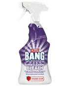 Cillit Bang Super Cleaning Bleach sprayflaska, lila och vit design, spraymunstycke, effektiv mot fläckar, ger hygienisk rengöring, passar olika ytor, 750 ml.