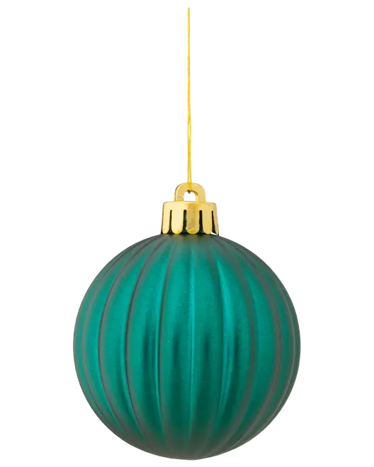 Grønt juletræskugle med mat finish og lodrette riller, guldfarvet top og ophængssnor. Elegant og enkel dekoration til juletræet.