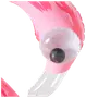 Nærbillede af en oppustelig pink flamingo-badedyr med buet hals, stort tegneserieøje og fjerdetaljer. Lavet af blankt plastmateriale til brug i vand.