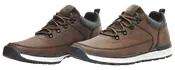 Herresko i brunt læder med sorte og hvide gummisåler, metaløjer og brune snørebånd. Polstret ankelkrave og præget logo på siden. Robust og afslappet design.
