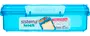 Rektangulær blå plastik madkasse med sikker kliklåg, Sistema-logo og et mærkat med sandwich og snacks. BPA- og phthalatfri, 975 ml kapacitet, lavet i New Zealand.