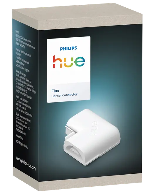 Philips Hue Flux hjørneforbinder, hvid plastik, L-formet design til samling af lysstrips i 90 graders vinkel. Leveres i mærket emballage med produktinformation.