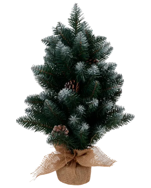 Liten konstgjord julgran med frostiga gröna grenar, kottar och jutesäck runt foten med rosett. Perfekt för bord eller juldekoration.