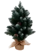 Liten konstgjord julgran med frostiga gröna grenar, kottar och jutesäck runt foten med rosett. Perfekt för bord eller juldekoration.