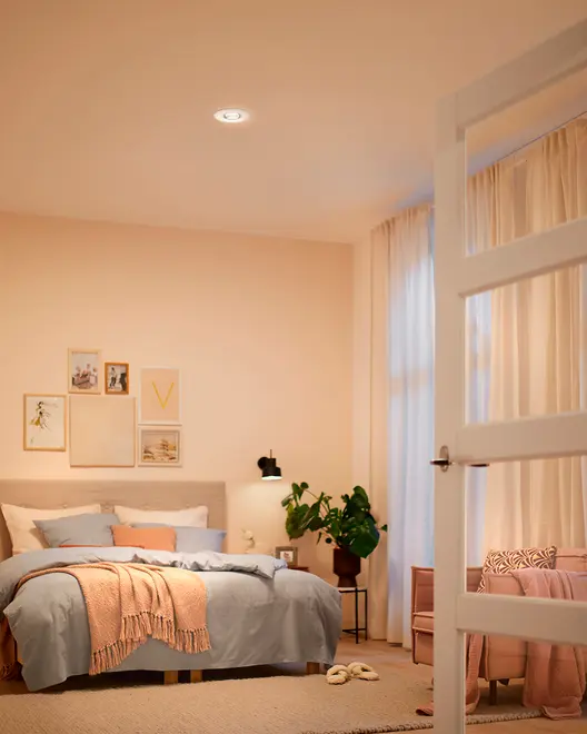 Hyggeligt soveværelse med lysegrå seng, ferskenfarvet tæppe, flere puder, vægkunst, natlampe, potteplante, beige gardiner og blødt tæppe. Moderne og indbydende indretning.