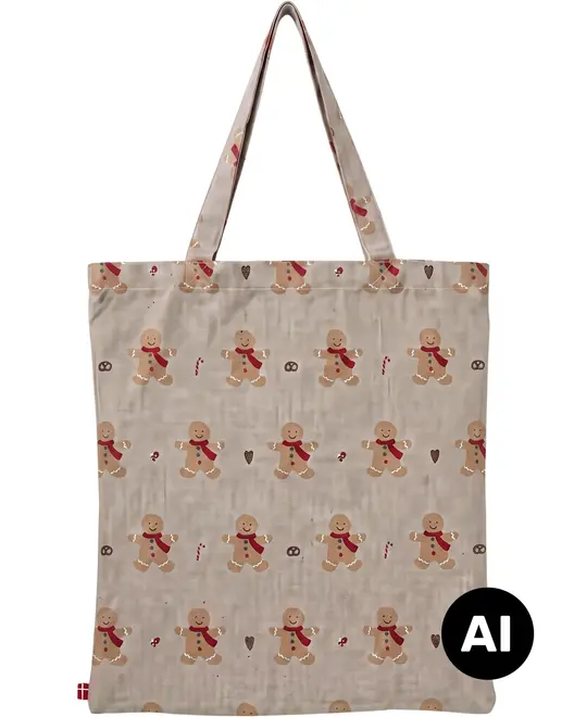 Lysebeige totebag med lange skulderstropper og gentaget print af honningkagemænd, candy canes, kringler og hjerter. - Billedet er skabt med AI