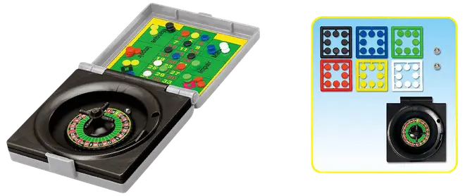 Kompakt rejse-roulette med drejehjul, spilleplade, farvede jetoner og metalbolde. Indeholder seks jetonfarver til flere spillere. Sammenklappeligt design for nem opbevaring.