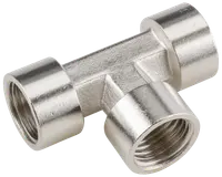 T-formet rørfitting i metal med tre indvendige gevind, sølvfarvet, bruges til at forbinde tre rør i rette vinkler i VVS eller industrielle installationer.