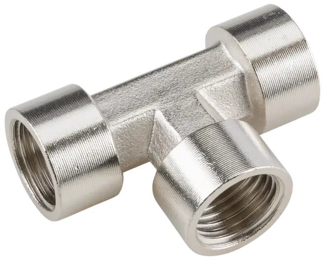 T-formet rørfitting i metal med tre indvendige gevind, sølvfarvet, bruges til at forbinde tre rør i rette vinkler i VVS eller industrielle installationer.