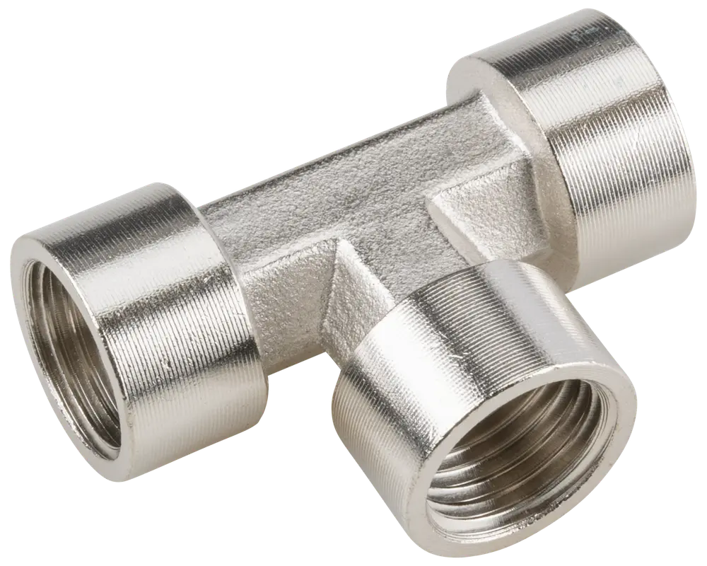 T-formet rørfitting i metal med tre indvendige gevind, sølvfarvet, bruges til at forbinde tre rør i rette vinkler i VVS eller industrielle installationer.