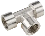 T-formad metallrörkoppling med tre invändiga gängor, silverfärgad, används för att ansluta tre rör i räta vinklar inom VVS eller industri.