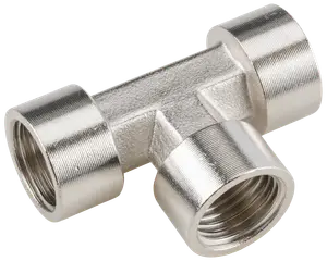 T-formet rørfitting i metal med tre indvendige gevind, sølvfarvet, bruges til at forbinde tre rør i rette vinkler i VVS eller industrielle installationer.