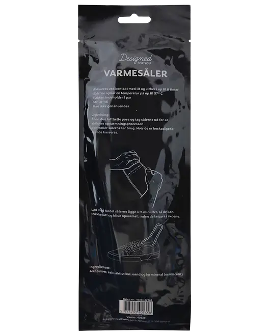 Sort, blank pakke med engangs-varmesåler til sko, med trykte instruktioner og illustrationer til opvarmning i flere timer.