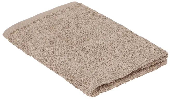 Vikt beige frottéhandduk med mjuk, texturerad yta och rundade hörn, snyggt hopvikt för badrum eller hemmabruk.