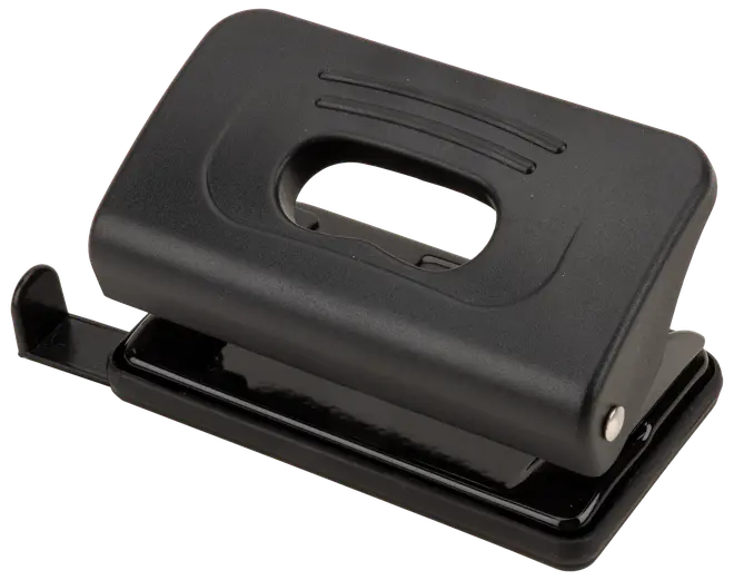 Svart metallhålslagare med två hål, rektangulärt handtag och stadig botten för pappersrester. Passar för kontor eller skola.