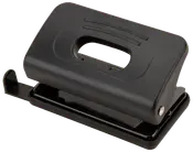 Svart metallhålslagare med två hål, rektangulärt handtag och stadig botten för pappersrester. Passar för kontor eller skola.