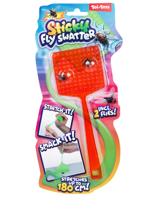 Klistret fluesmækker-legetøj med rød hoved og grøn håndtag, inkluderer to falske fluer. Kan strækkes op til 180 cm. Velegnet til børn.