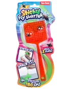 Klistret fluesmækker-legetøj med rød hoved og grøn håndtag, inkluderer to falske fluer. Kan strækkes op til 180 cm. Velegnet til børn.