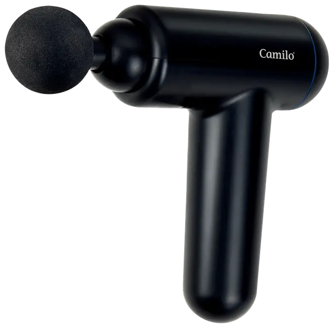 Sort håndholdt massagepistol med ergonomisk håndtag, rundt skumhoved og 'Camilo'-logo. Velegnet til muskelafslapning og dybdegående massage. Kompakt og nem at bruge.