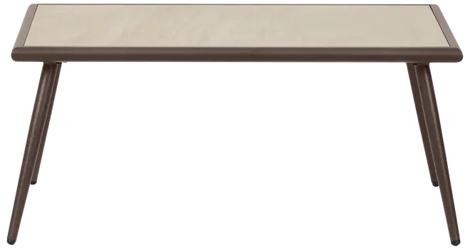 Rektangulært bord med lys bordplade og fire skrå træben. Enkelt, moderne design, velegnet til spise- eller arbejdsområde. Glat overflade og solid konstruktion.