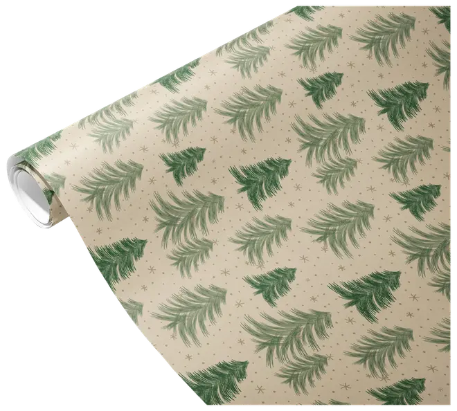 Rulle med beige presentpapper med grönt granmönster och små stjärnor, perfekt för julklappsinslagning.