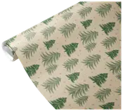 Rulle med beige presentpapper med grönt granmönster och små stjärnor, perfekt för julklappsinslagning.