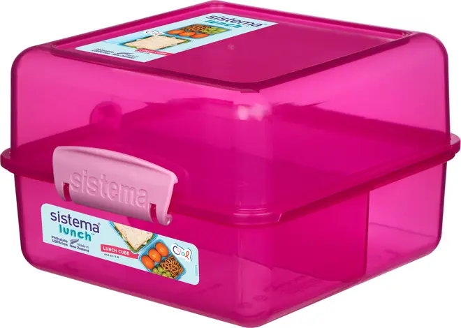 Pink plastik madkasse med sikker kliklås, opdelte rum indeni og Sistema-logo foran. Perfekt til sandwich og snacks. Kompakt og holdbar.