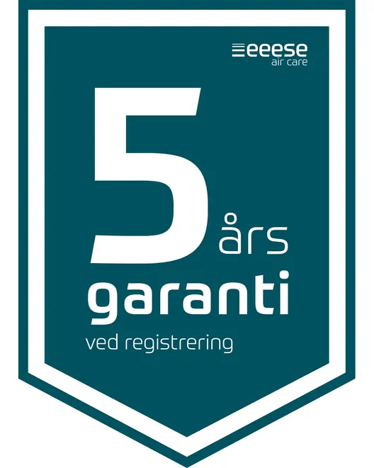 Eeese air care produkt med 5 års garanti vid registrering, visas på en sköldformad teal badge med vit text och logotyp.