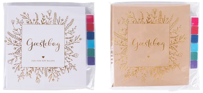 Kvadratisk gæstebog med guldfarvet blomstermotiv, fås i hvid eller brun. Inkluderer seks farverige stempelpuder i siden til fingeraftryk eller hilsner. Elegant og festlig.