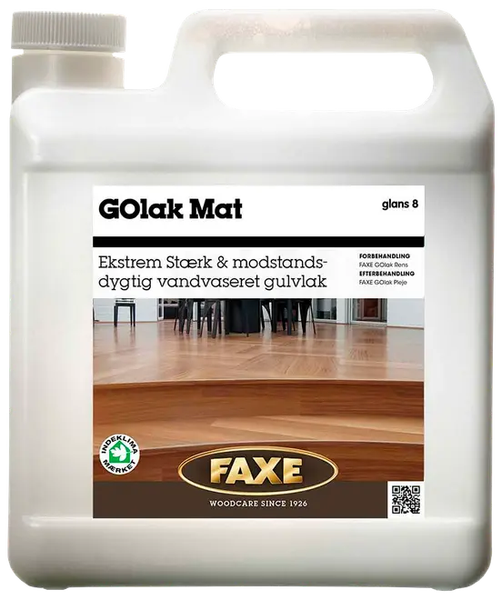 FAXE GOlak Mat er en vandbaseret, ekstremt stærk og modstandsdygtig mat gulvlak til trægulve. Leveres i plastdunk med håndtag og skruelåg.