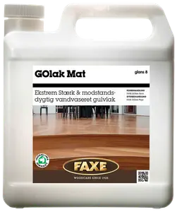 FAXE GOlak Mat er en vandbaseret, ekstremt stærk og modstandsdygtig mat gulvlak til trægulve. Leveres i plastdunk med håndtag og skruelåg.