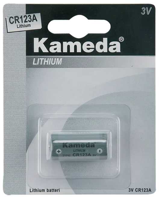 Kameda CR123A litiumbatteri, 3V, cylindrisk form, en batteri i detaljförpackning. Passar till kameror, ficklampor och elektroniska enheter med CR123A batterier.