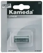 Kameda CR123A litiumbatteri, 3V, cylindrisk form, en batteri i detaljförpackning. Passar till kameror, ficklampor och elektroniska enheter med CR123A batterier.