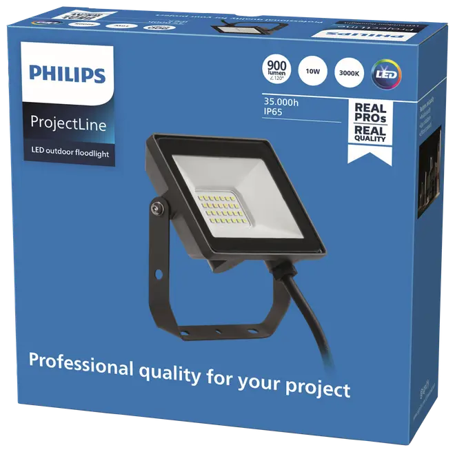 Philips ProjectLine LED udendørs projektør, 900 lumen, 10W, 3000K varm hvid, IP65 vandtæt, sort hus, justerbart monteringsbeslag, egnet til professionelle udendørs belysningsprojekter.
