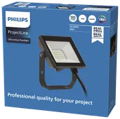 Philips ProjectLine LED udendørs projektør, 900 lumen, 10W, 3000K varm hvid, IP65 vandtæt, sort hus, justerbart monteringsbeslag, egnet til professionelle udendørs belysningsprojekter.