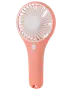 Kompakt handhållen fläkt med rosa kropp, vita blad och en knapp på handtaget. Lätt och portabel, perfekt för personlig svalka.