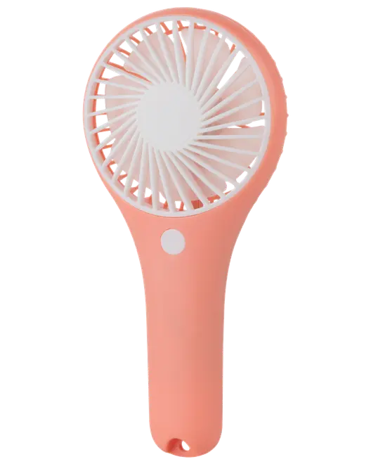 Kompakt handhållen fläkt med rosa kropp, vita blad och en knapp på handtaget. Lätt och portabel, perfekt för personlig svalka.