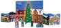 Farverig papjulekalender med landsbymotiv, stort juletræ, snedækkede tage og udstansede figurer som julemand, børn og cyklist. Perfekt til juledekoration og nedtælling.
