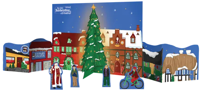 Farverig papjulekalender med landsbymotiv, stort juletræ, snedækkede tage og udstansede figurer som julemand, børn og cyklist. Perfekt til juledekoration og nedtælling.