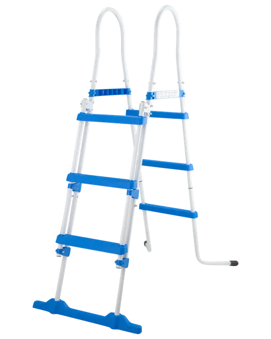 Stege för ovanmarkspool med vit metallram, blå plaststeg och handtag. Fyra steg på varje sida för enkel åtkomst till poolen. Passar standard ovanmarkspooler.