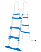 Stege för ovanmarkspool med vit metallram, blå plaststeg och handtag. Fyra steg på varje sida för enkel åtkomst till poolen. Passar standard ovanmarkspooler.