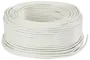 Rulle med hvid elektrisk ledning, isoleret og fleksibel, egnet til indendørs elinstallationer. Standard tykkelse, pænt oprullet, klar til afklipning i ønsket længde.