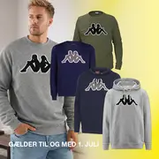 Herre sweatshirts og hættetrøjer i grå, marineblå og olivengrøn med stort sort og hvidt Kappa-logo på brystet. Fås som rund hals og med hætte.