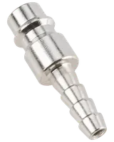 Metal slangefittings med glat cylindrisk ende og rillet, tilspidset ende for sikker slangefastgørelse, velegnet til væske- eller luftoverførsel, korrosionsbestandig overflade.