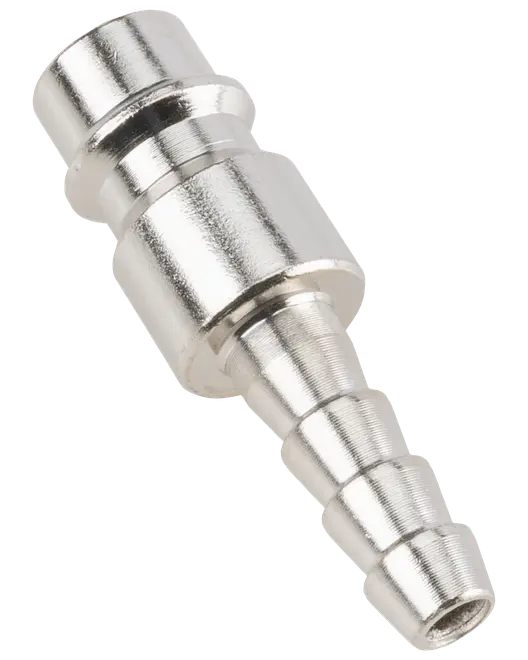 Metal slangefittings med glat cylindrisk ende og rillet, tilspidset ende for sikker slangefastgørelse, velegnet til væske- eller luftoverførsel, korrosionsbestandig overflade.