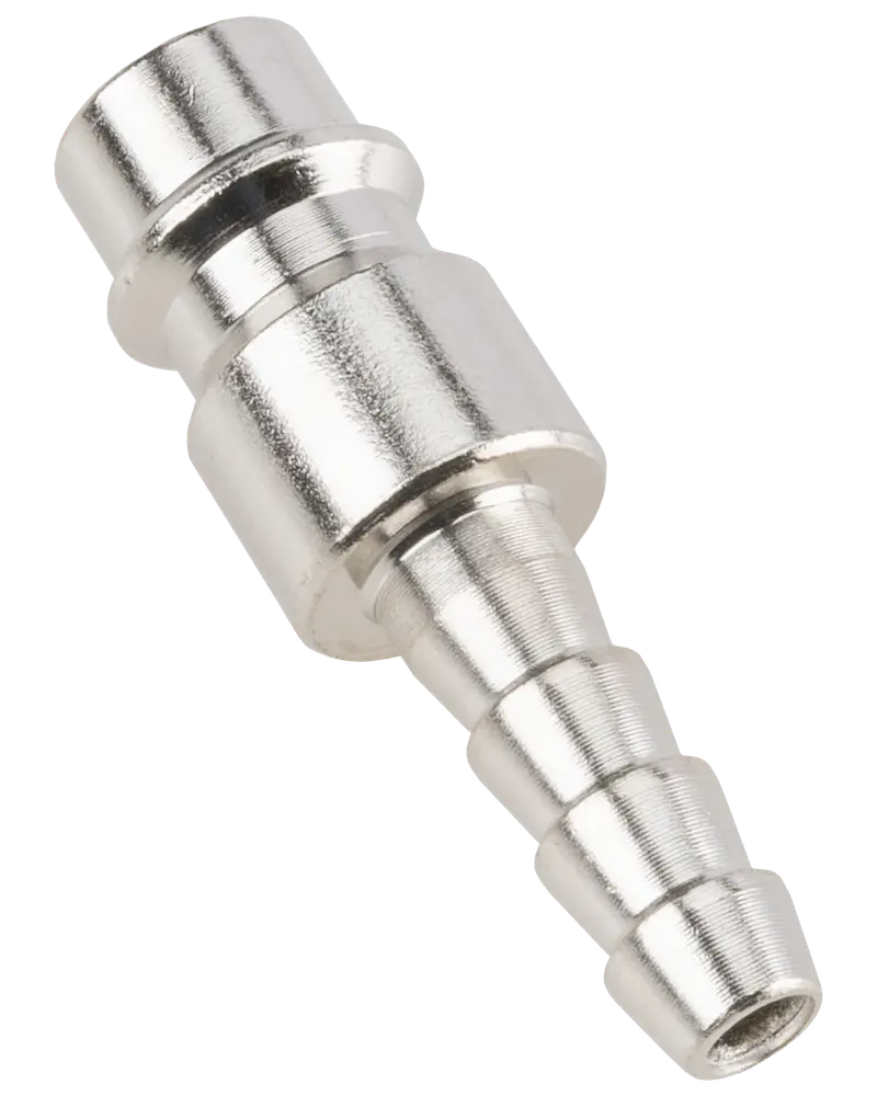 Metal slangefittings med glat cylindrisk ende og rillet, tilspidset ende for sikker slangefastgørelse, velegnet til væske- eller luftoverførsel, korrosionsbestandig overflade.