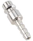 Metallslangkoppling med slät cylindrisk ände och räfflad, avsmalnande ände för säker slanganslutning, lämplig för vätske- eller luftöverföring, korrosionsbeständig yta.