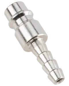 Metal slangefittings med glat cylindrisk ende og rillet, tilspidset ende for sikker slangefastgørelse, velegnet til væske- eller luftoverførsel, korrosionsbestandig overflade.